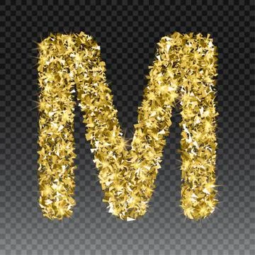 Gold glittering letter M. Vector shining golden font lettering of sparkles on Stock Illustration