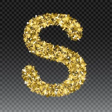 Gold glittering letter S. Vector shining golden font lettering of sparkles on Stock Illustration