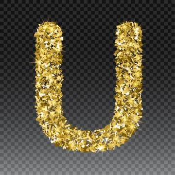 Gold glittering letter U. Vector shining golden font lettering of sparkles on Stock Illustration