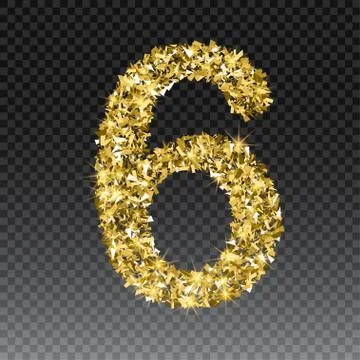 Gold glittering number six.Vector shining golden font figure lettering of Stock Illustration