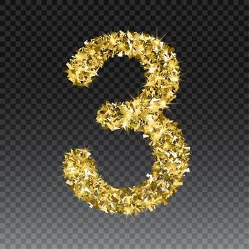 Gold glittering number three. Vector shining golden font figure lettering of Stock Illustration