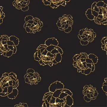Gold glittering peony seamless pattern. Floral golden background Stock Illustration