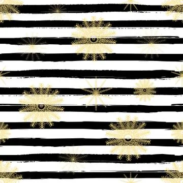 Gold glittering snowflakes seamless pattern on black striped background. Stock Illustration