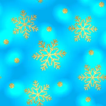 Gold glittering snowflakes seamless pattern on blue background. Vector Stock Illustration