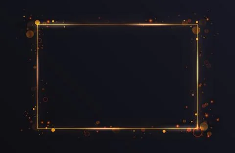 Gold glowing rectangular frame, light effect lines with flying abstract flash Stockillustratie