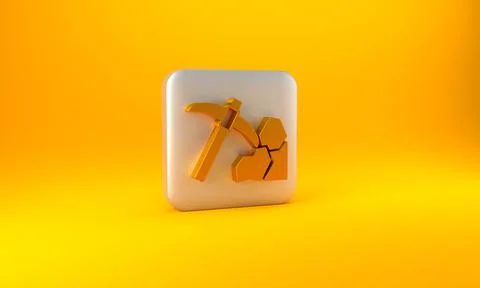 Gold Gold mining icon isolated on yellow background. Silver square button. 3D Stock Illustration