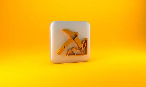 Gold Gold mining icon isolated on yellow background. Silver square button. 3D Stock Illustration