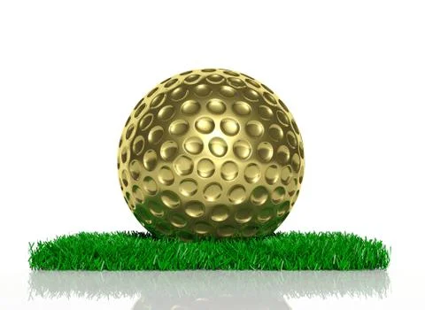 Gold golf ball on patch of green grass Illustrazione stock
