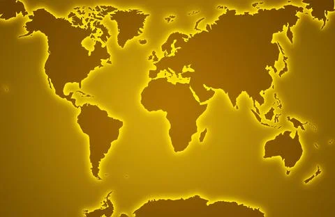 Gold gradient world map with illuminated continents Stock Illustration