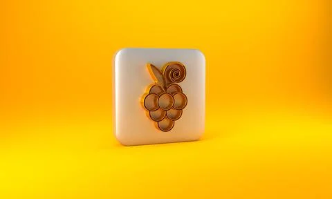 Gold Grape fruit icon isolated on yellow background. Silver square button. 3D Stock Illustration