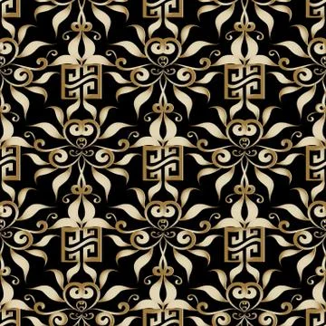 Gold greek key seamless pattern. Vector floral black background with golden h Stock Illustration