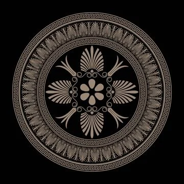 Gold Greek vector round pattern on black background. Greek key meanders ornament Stock Illustration