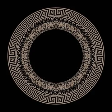 Gold Greek vector round pattern on black background. Greek key meanders.  Stock Illustration