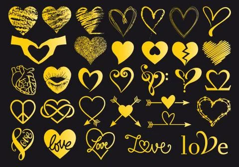 Gold hand drawn hearts, vector set Stock Illustration