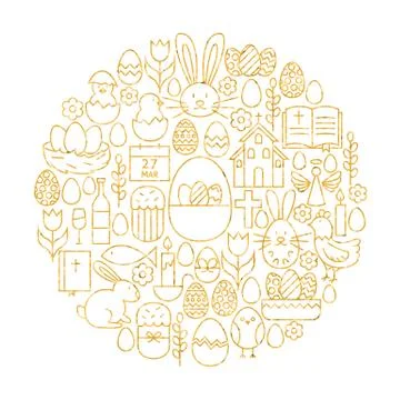 Gold Happy Easter Holiday Line Icons Set Circle Shape Illustrazione stock