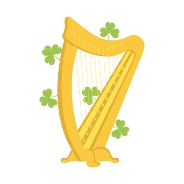 Gold harp with Three leaf clovers isolated on white. Traditional symbols of.. Stock Illustration