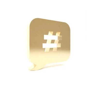Gold Hashtag speech bubble icon isolated on white background. Concept of numb Illustrazione stock