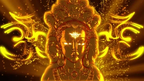 GOLD HEAD ROTATING OF BUDA 3D ANIMATION WITH OM PARTICULES Stock Footage 233923740