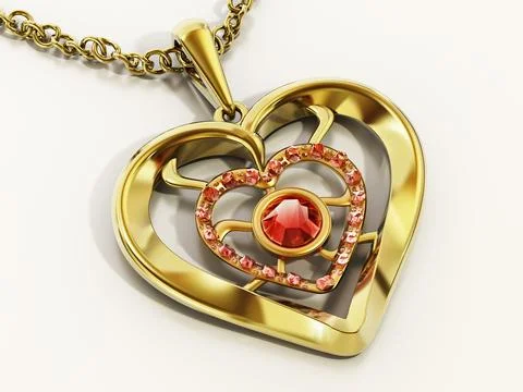 Gold heart necklace decorated with ruby gemstones. 3D illustration Stock Illustration