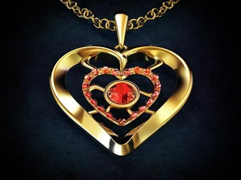 Gold heart necklace decorated with ruby gemstones Illustrazione stock