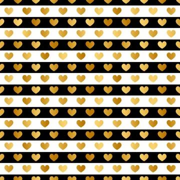 Gold Heart Pattern Design on Black and White Stripe Background Illustrazione stock