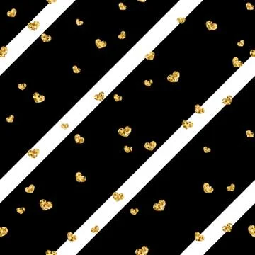 Gold heart seamless pattern. Black-white geometric stripes, golden confetti-h Illustrazione stock