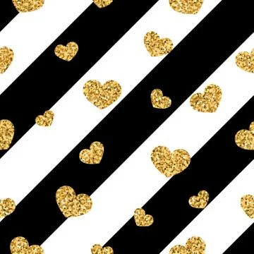 Gold heart seamless pattern. Black-white geometric stripes, golden confetti-h Stock Illustration