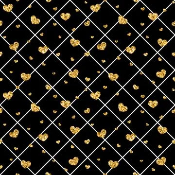 Gold heart seamless pattern. Black-white geometric decoration, golden confett Stock Illustration