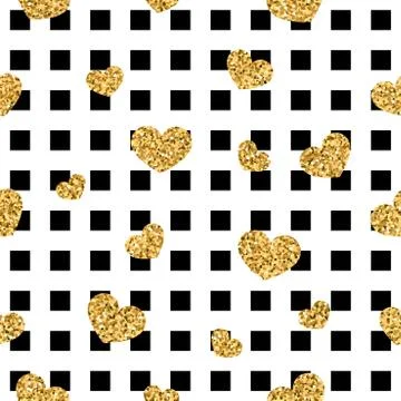 Gold heart seamless pattern. Black-white geometric square, golden confetti-he Stock Illustration