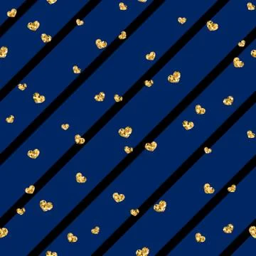 Gold heart seamless pattern. Black-blue geometric stripes, golden confetti-he Stock Illustration