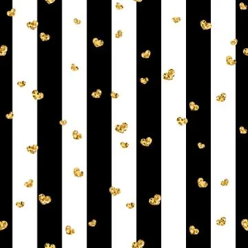 Gold heart seamless pattern. Black-white geometric stripes, golden confetti-h Stock Illustration