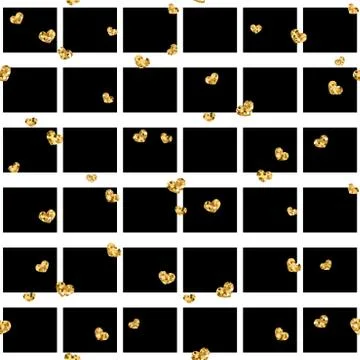 Gold heart seamless pattern. Black-white geometric square, golden confetti-he Stock Illustration