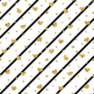 Gold heart seamless pattern. Black-white geometric stripes, golden confetti-h Stock Illustration