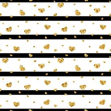Gold heart seamless pattern. Black-white geometric stripes, golden confetti-h Stock Illustration