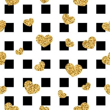 Gold heart seamless pattern. Black-white geometric square, golden confetti-he Stock Illustration