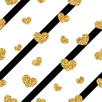Gold heart seamless pattern. Black-white geometric stripes, golden confetti-h Stock Illustration