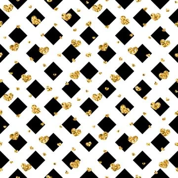 Gold heart seamless pattern. Black-white geometric decoration, golden confett Stock Illustration