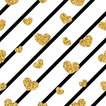 Gold heart seamless pattern. Black-white geometric stripes, golden confetti-h Stock Illustration