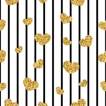 Gold heart seamless pattern. Black-white geometric stripes, golden confetti-h Stock Illustration
