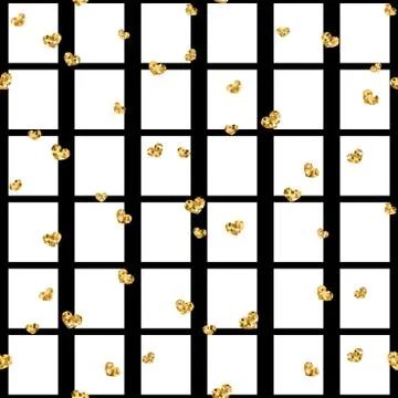 Gold heart seamless pattern. Black-white geometric square, golden confetti-he Stock Illustration