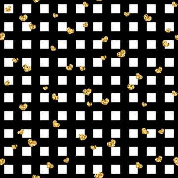 Gold heart seamless pattern. Black-white geometric square, golden confetti-he Stock Illustration