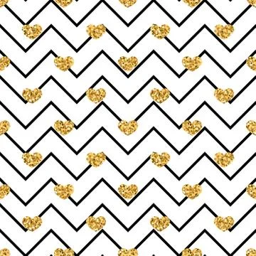 Gold heart seamless pattern. Black-white geometric zig zag, golden confetti-h Stock Illustration