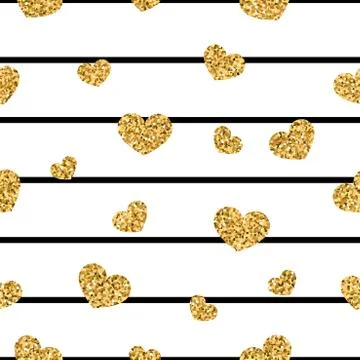 Gold heart seamless pattern. Black-white geometric stripes, golden confetti-h Stock Illustration