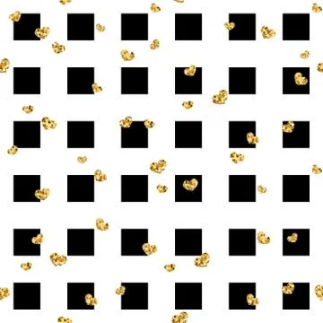 Gold heart seamless pattern. Black-white geometric square, golden confetti-he Stock Illustration