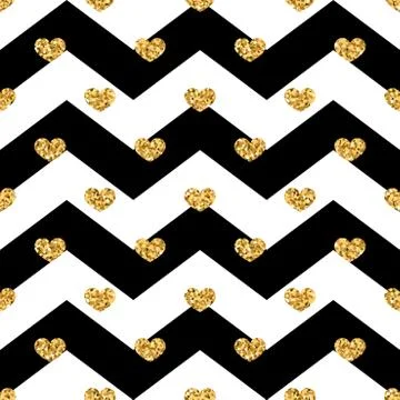 Gold heart seamless pattern. Black-white geometric zig zag, golden confetti-h Stock Illustration