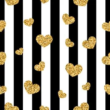 Gold heart seamless pattern. Black-white geometric stripes, golden confetti-h Stock Illustration