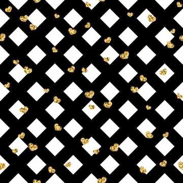 Gold heart seamless pattern. Black-white geometric decoration, golden confett Stock Illustration