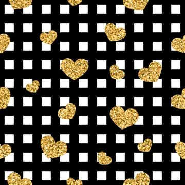 Gold heart seamless pattern. Black-white geometric square, golden confetti-he Stock Illustration