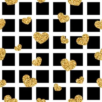 Gold heart seamless pattern. Black-white geometric square, golden confetti-he Stock Illustration