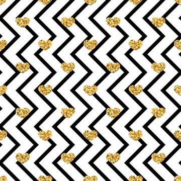 Gold heart seamless pattern. Black-white geometric zig zag, golden confetti-h Stock Illustration